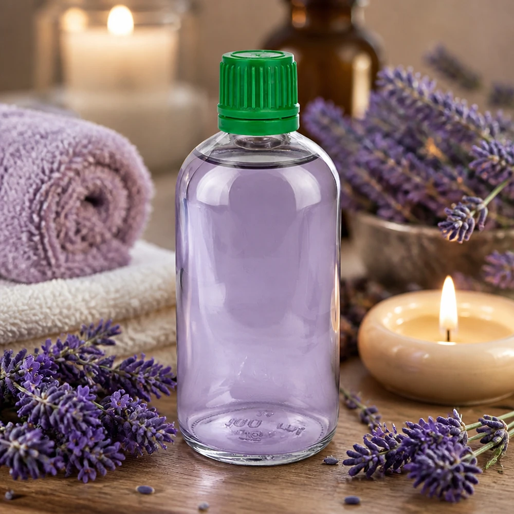 Botella 100ml tapón rosca 11mm verde ClearLine UT18/100 Aceite de lavanda para aromaterapia en frasco de cristal transparente ClearLine UT18 de 100 ml con tapón de seguridad verde para niños