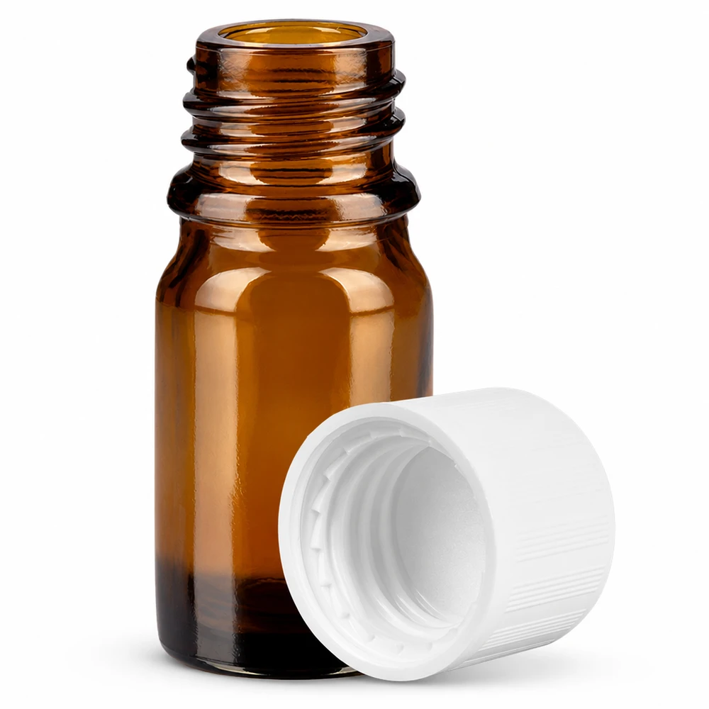 Botella 5ml tapón rosca 11mm blanco inviolable BrownLine UT18/5 Frasco boticario pequeño de 5 ml de vidrio ámbar con rosca de 11 mm para protección UV y almacenamiento seguro