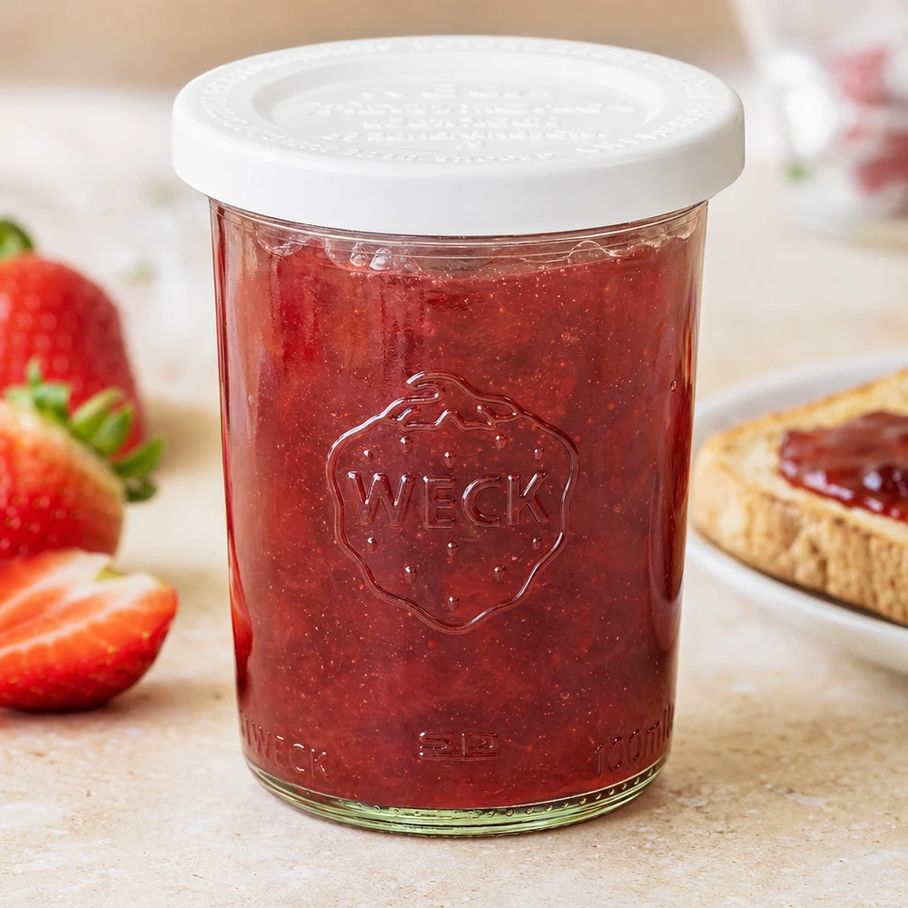 Vaso de cristal de 160 ml con tapa hermética WECK RR60 Tarro de conserva WECK 160ml con mermelada de fresa y tapa blanca de frescura, junto a fresas frescas y pan con mermelada