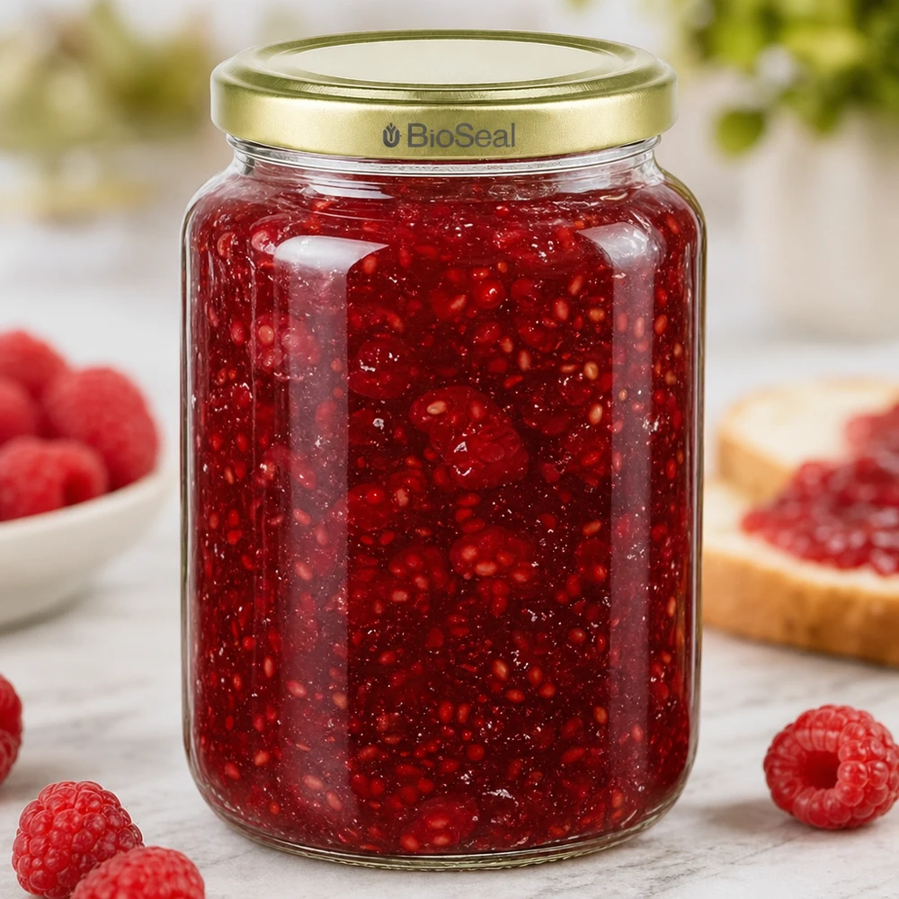 Tarro para miel de 1000 g con tapa dorada BioSeal UNiTWIST Tarro de miel de 1.000 g lleno de mermelada de frambuesa roja muestra el uso práctico para conservar y almacenar
