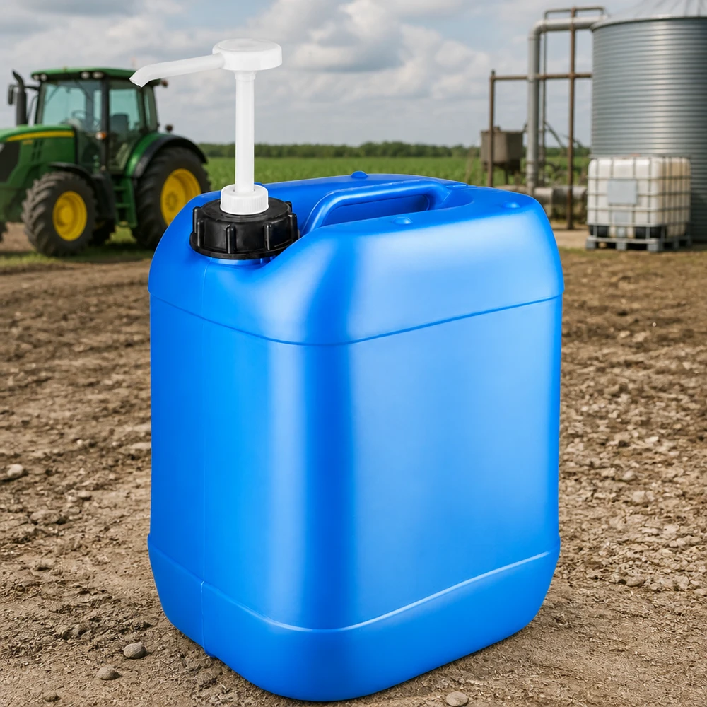 Bidón 20 litros azul con bomba dosificadora Bidón resistente de 20 litros, de color azul, con bomba dosificadora, sobre un campo de cultivo, delante de un tractor John Deere
