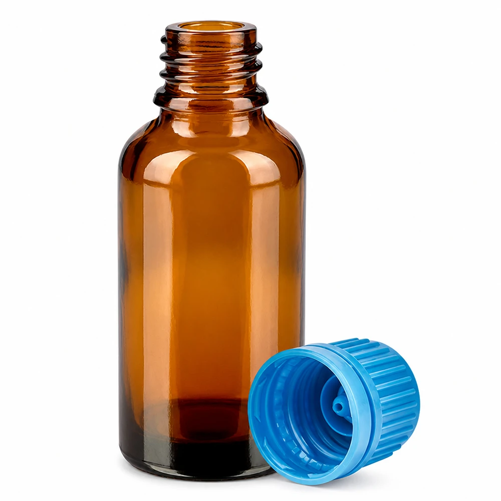 Frasco de farmacia de 30 ml de vidrio ámbar con tapón azul para un almacenamiento seguro