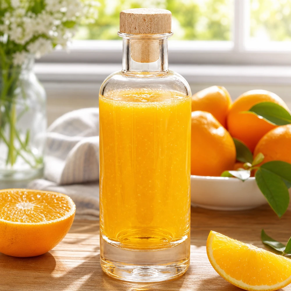 Botella de vidrio de 200 ml «Ella» con tapón de corcho con asa de madera UNiTWIST® Botella de cristal de 200 ml de Ella con tapón de madera llena de zumo de naranja junto a naranjas cortadas en rodajas sobre una tabla de madera