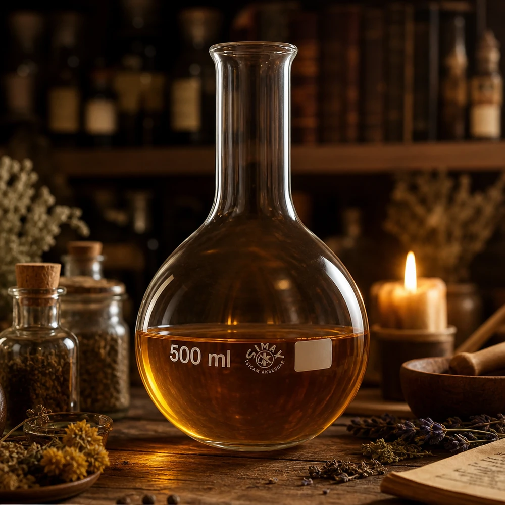 Frasco de pie de 500 ml de cuello estrecho con solución de color amarillo dorado en un ambiente rústico de farmacia