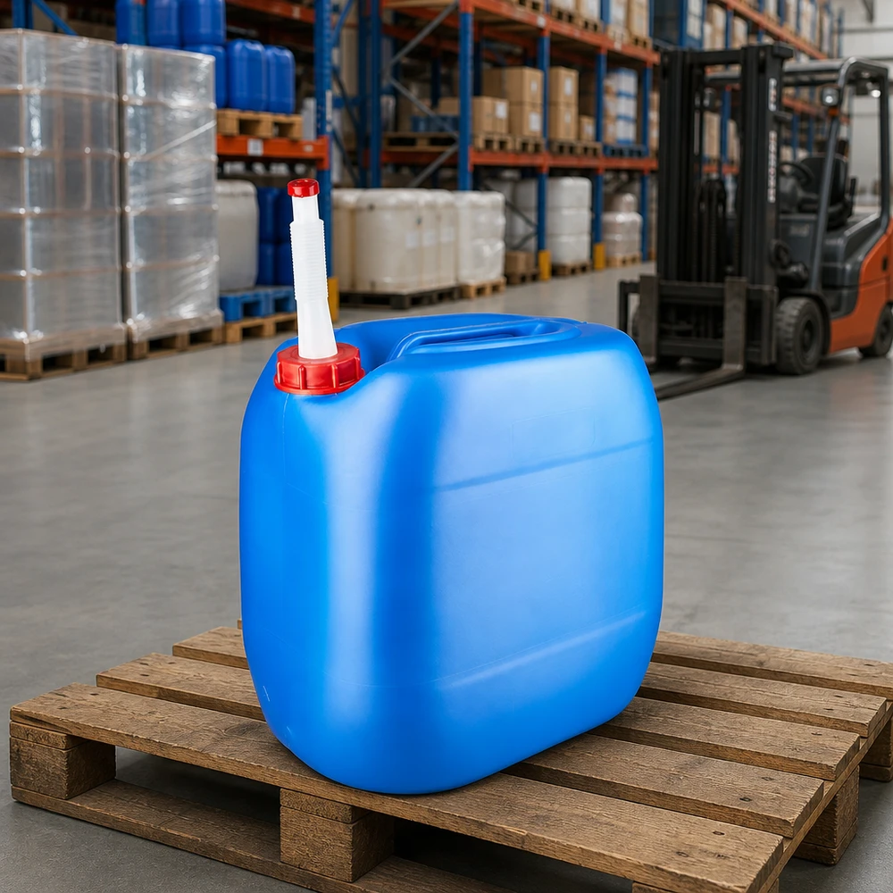Bidón azul de almacenamiento de 30 litros con tapón rojo y tubo de salida, sobre un palé de madera en un almacén industrial