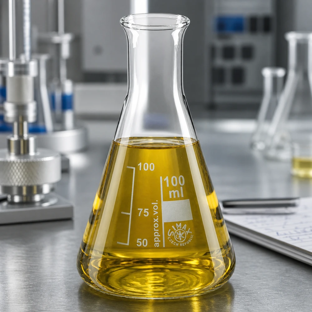 Matraz Erlenmeyer de 100 ml con cuello estrecho y líquido de ensayo amarillo para análisis profesionales de laboratorio