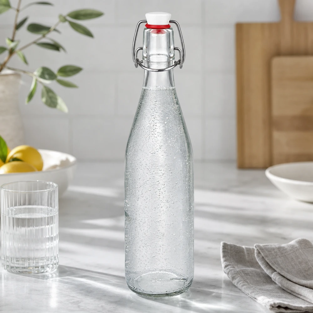 Botella de cristal de 500 ml con tapón oscilante llena de agua con gas en cocina moderna junto a vaso y cubiertos