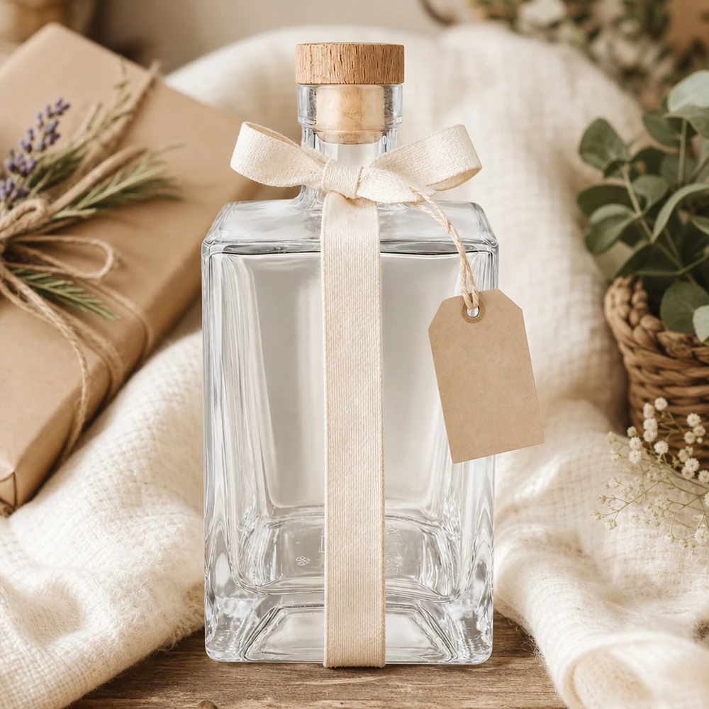 Botella de vidrio de 700 ml Ben de regalo decorada con colgante de cinta color crema embalaje natural corcho de madera UNiTWIST