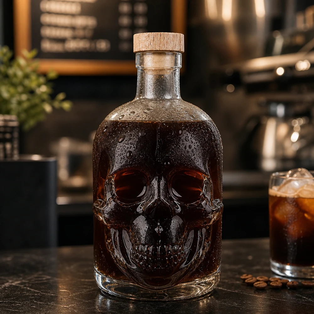 Botella de vidrio de 500 ml «Jack» con tapón de corcho con asa de madera UNiTWIST® Botella de cristal Jack 500ml con contenido oscuro en cocina moderna, relieve de calavera con gotas de agua y copa de cocktail