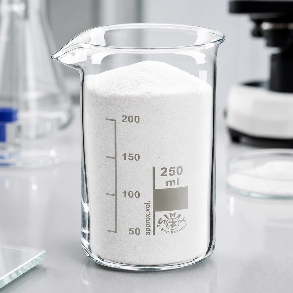 Vaso de 250 ml de vidrio borosilicato, alto Vaso de precipitados de 250 ml, de forma alta, lleno de polvo blanco, sobre una mesa de laboratorio clara con un microscopio