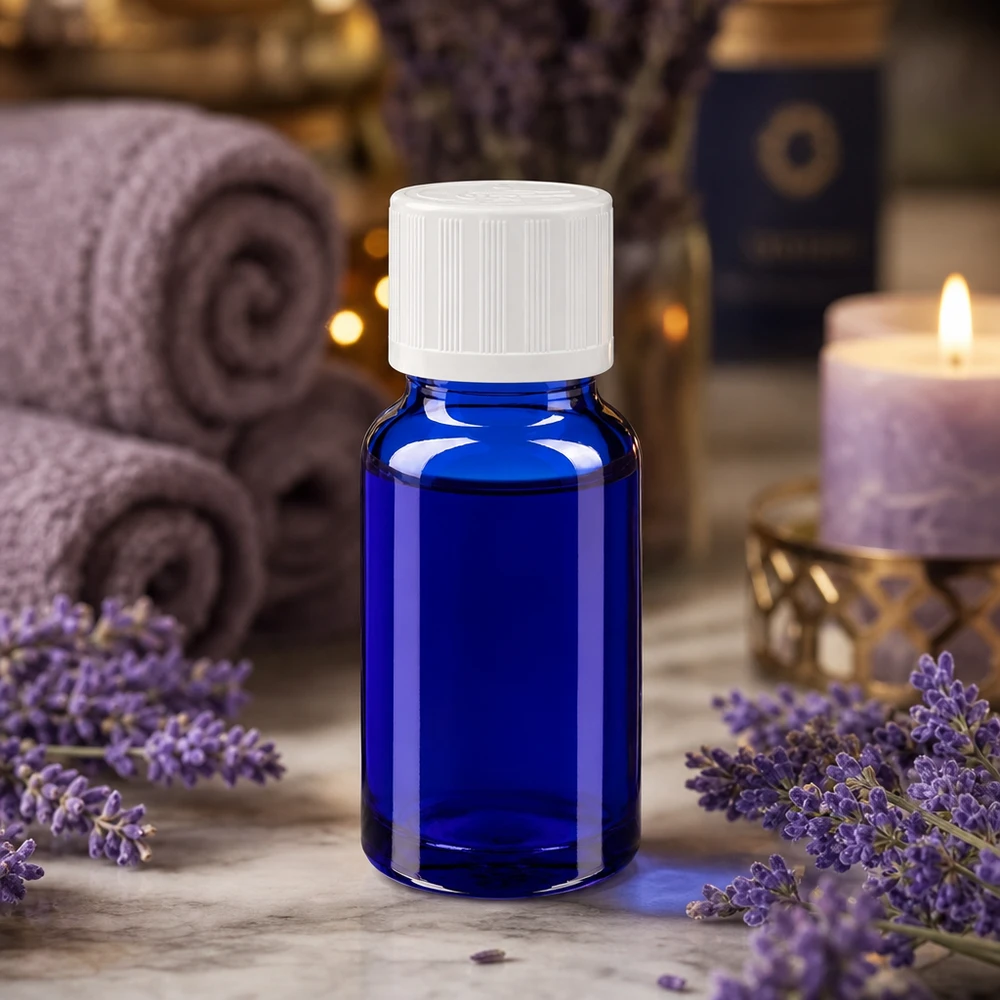 Frasco de cristal azul de 10 ml con tapón cuentagotas blanco, entre flores de lavanda y una vela