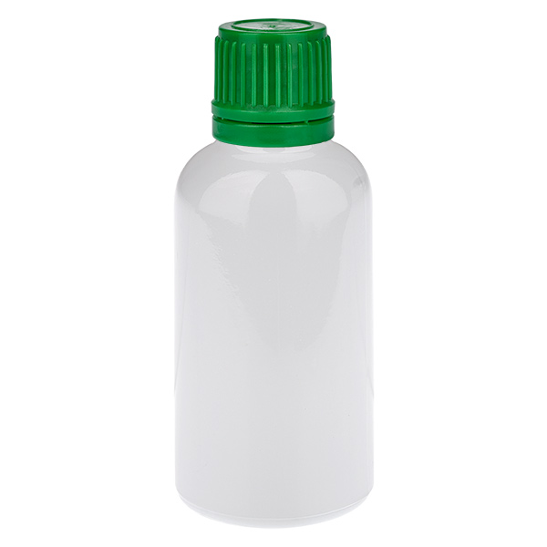 Botella de 30 ml con tapón de rosca verde de 11 mm, tapón de seguridad WhiteLine UT18/30 Botella de 30 ml con tapón de rosca verde de 11 mm, tapón de seguridad WhiteLine UT18/30