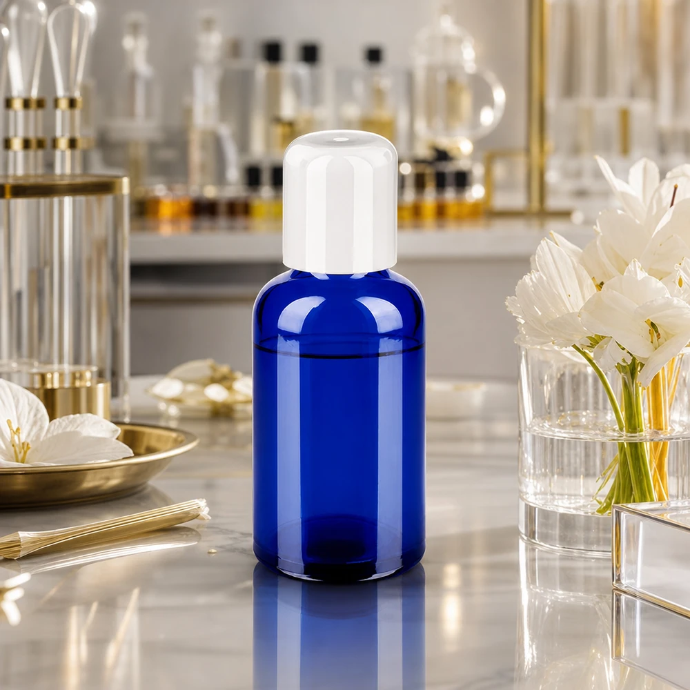 Frasco roll-on BlueLine de 50 ml con tapón blanco STD UT18/50 para aplicaciones cosméticas profesionales