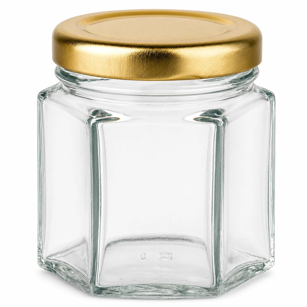 Tarro de miel de 60 g hexagonal con tapa de rosca dorada BasicSeal UT transparente vacío para miel y mermelada