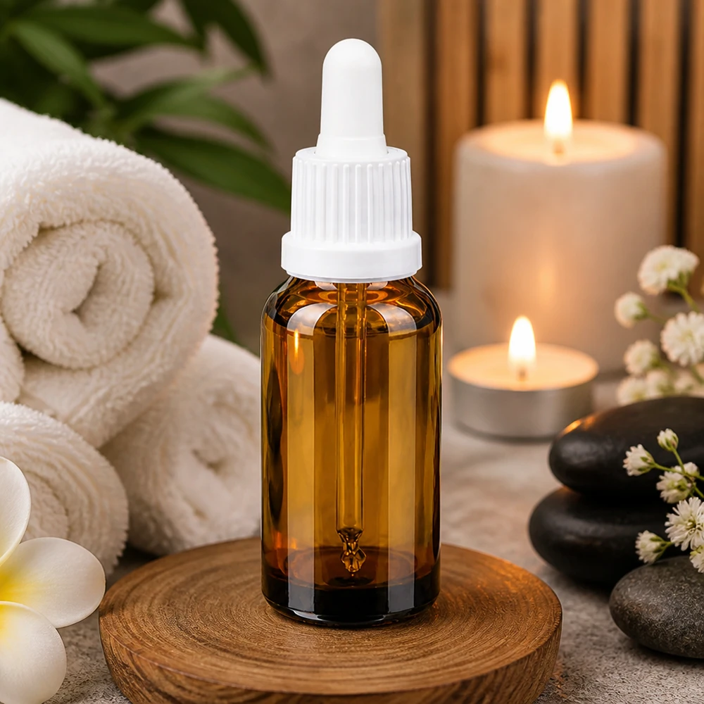Frasco pipeta profesional 20 ml marrón con cuentagotas blanco para aplicaciones de spa y bienestar