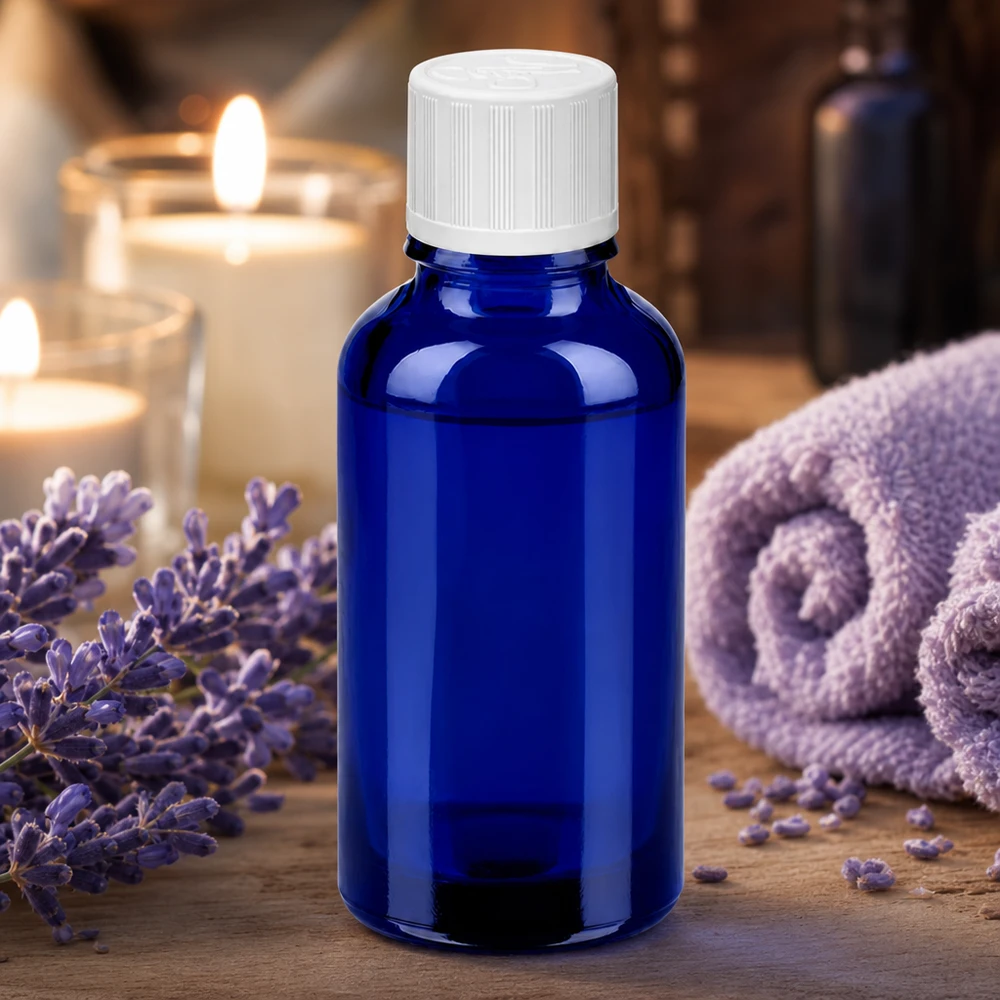 Frasco de vidrio azul cobalto de 30 ml con cierre de seguridad para niños para aromaterapia y bienestar
