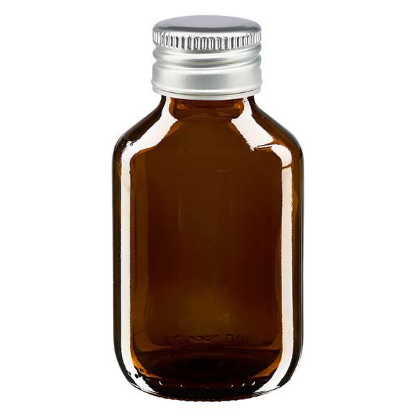 Frasco para medicamentos de 100 ml, marrón, con tapón de aluminio plateado ApoGlas Frasco para medicamentos de 100 ml, marrón, con tapón de aluminio plateado ApoGlas