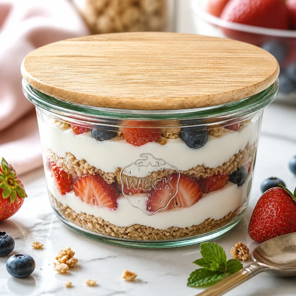WECK mini tumblers 50ml como cuenco de postre con postre de capas de yogur y bayas y tapa de bambú sobre una mesa de mármol blanco