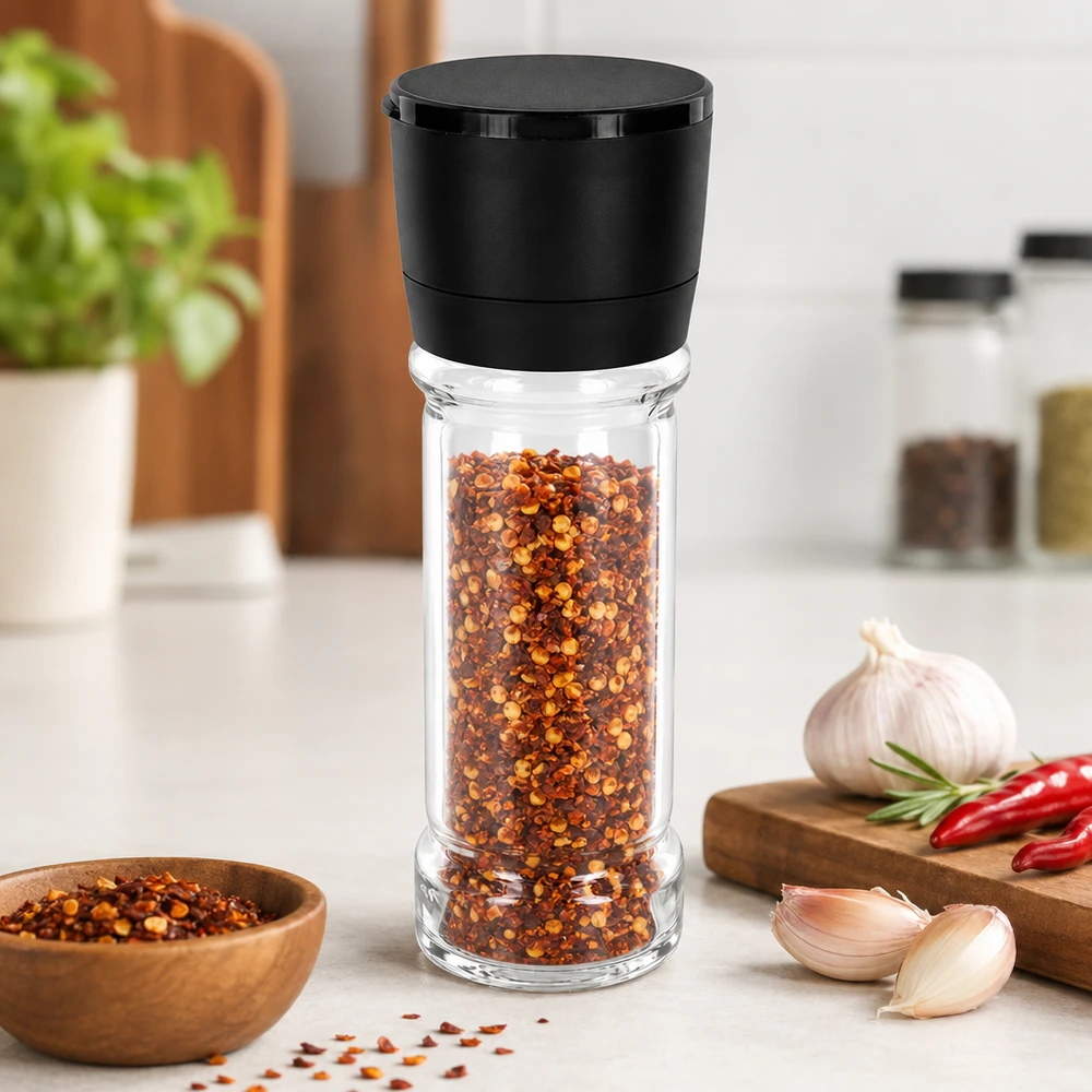 Frasco para sal y especias de 100 ml con molinillo Vario negro Frasco transparente para especias de 100 ml con tapa de plástico negro y molinillo Vario integrado