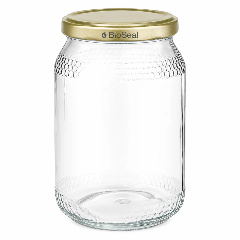 Tarro de miel de 900 ml con tapa dorada BioSeal UNiTWIST envase de miel apícola transparente vacío