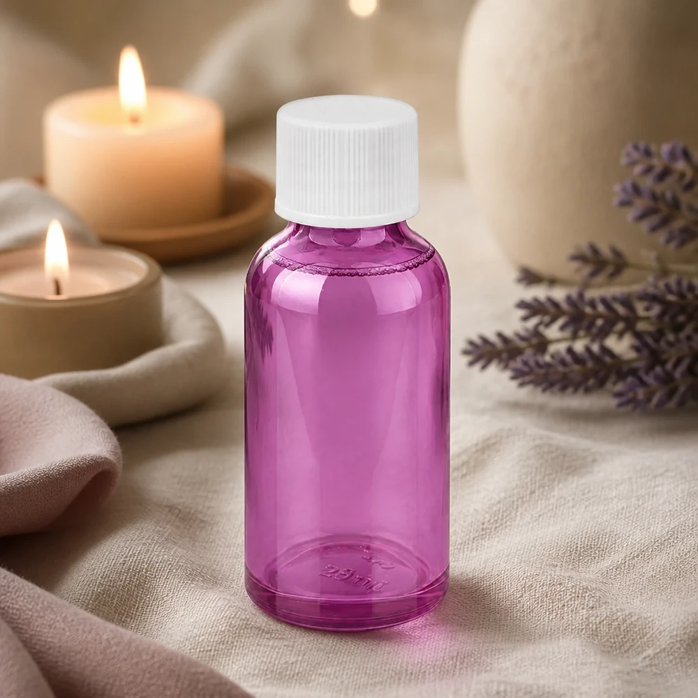 Frasco de 30 ml con tapón de rosca de 11 mm blanco estándar PurpleLine UT18/30 Frasco compacto de vidrio violeta de 30 ml con tapón blanco para productos cosméticos y sérums