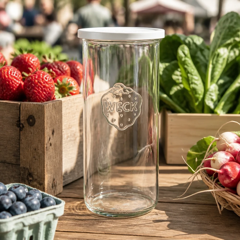 Vasos de 1500ml con tapa de frescura WECK RR100 WECK Sturzglas 1500ml RR100 mit Frischedeckel zwischen frischem Gemüse und Obst auf Holztisch im Markt-Ambiente