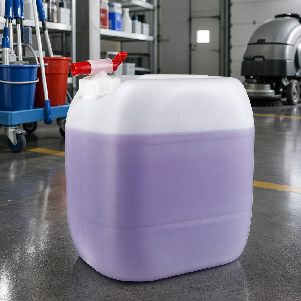 Bidón de 30 litros con grifo de vaciado Bidón de 30 litros de producto de limpieza con líquido morado y grifo de salida rojo en una nave industrial