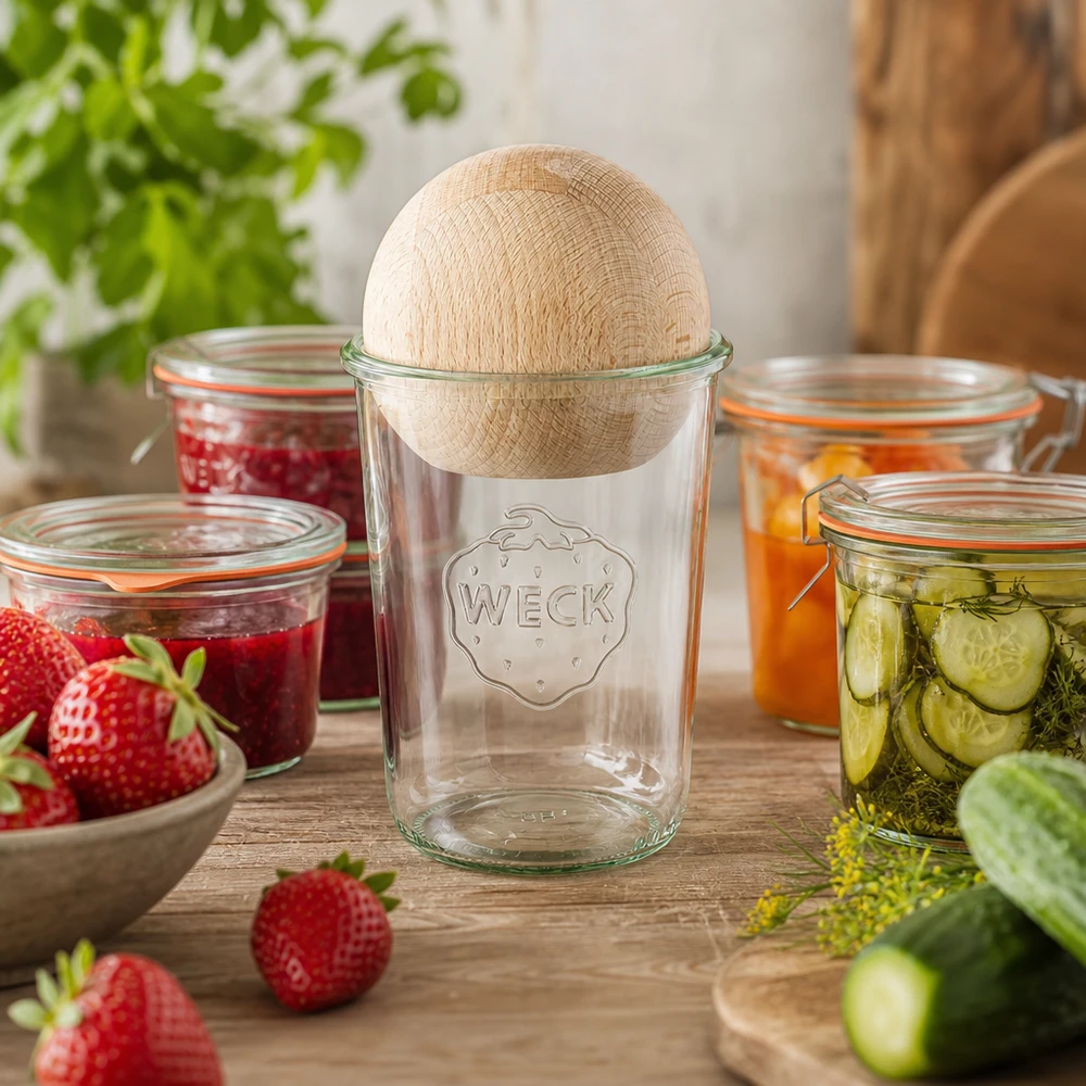 WECK tarro volteador 850ml RR100 en escena de cocina con conservas, tapa esférica de madera de haya, tarro conservador para mermelada