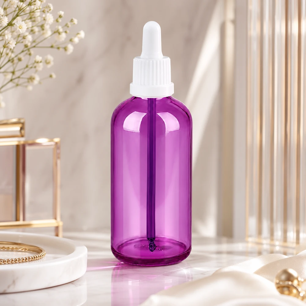 Frasco cuentagotas de 100 ml con cuerpo de vidrio violeta y tapón ergonómico de pipeta blanca