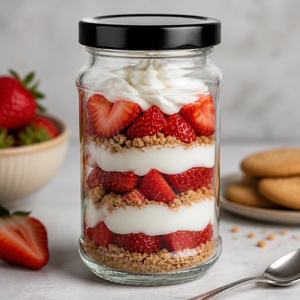 Tarro redondo de 390 ml con tapa negra BasicSeal como tarro de postre para trifle de fresa - perfecto para dulces