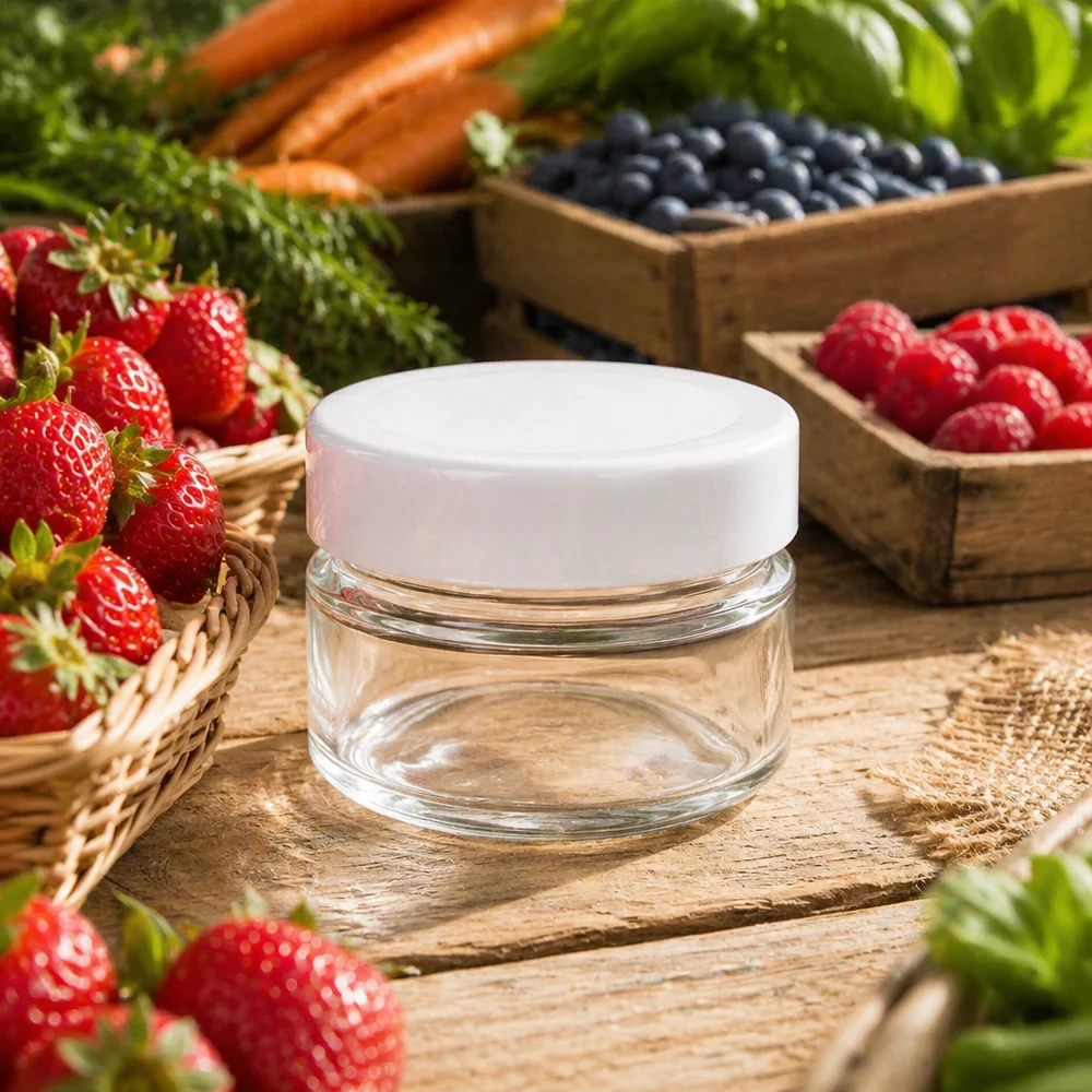 Tarro redondo de 80ml con tapa BasicSeal blanco profundo UNiTWIST 80ml Rundglas mit weißem Deckel zwischen frischen Beeren - stilvolle Glasdose für natürliche Kosmetik und Cremes