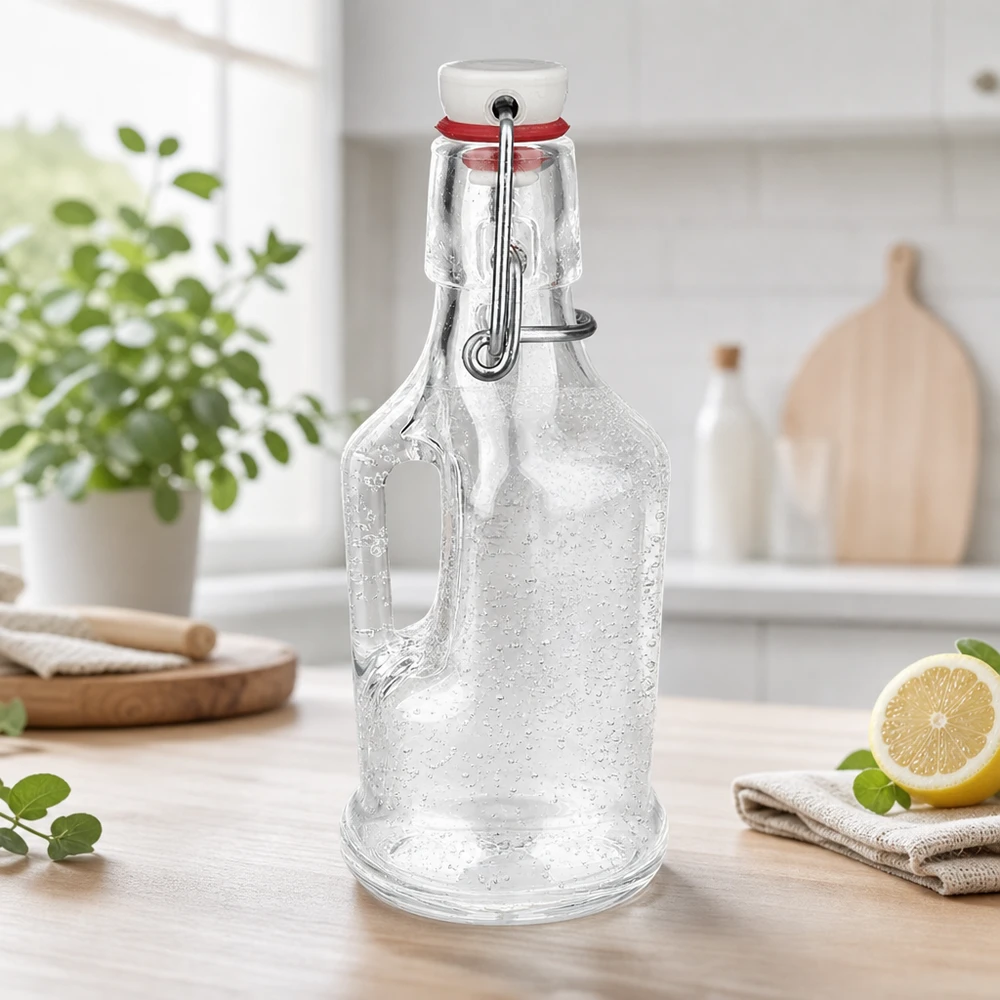 Botella de vidrio de 200 ml «Bertha» y tapón de porcelana UNiTWIST® Botella de cristal vacía de 200 ml Bertha con gotas de agua y tapón oscilante de porcelana blanca sobre encimera de cocina UNiTW