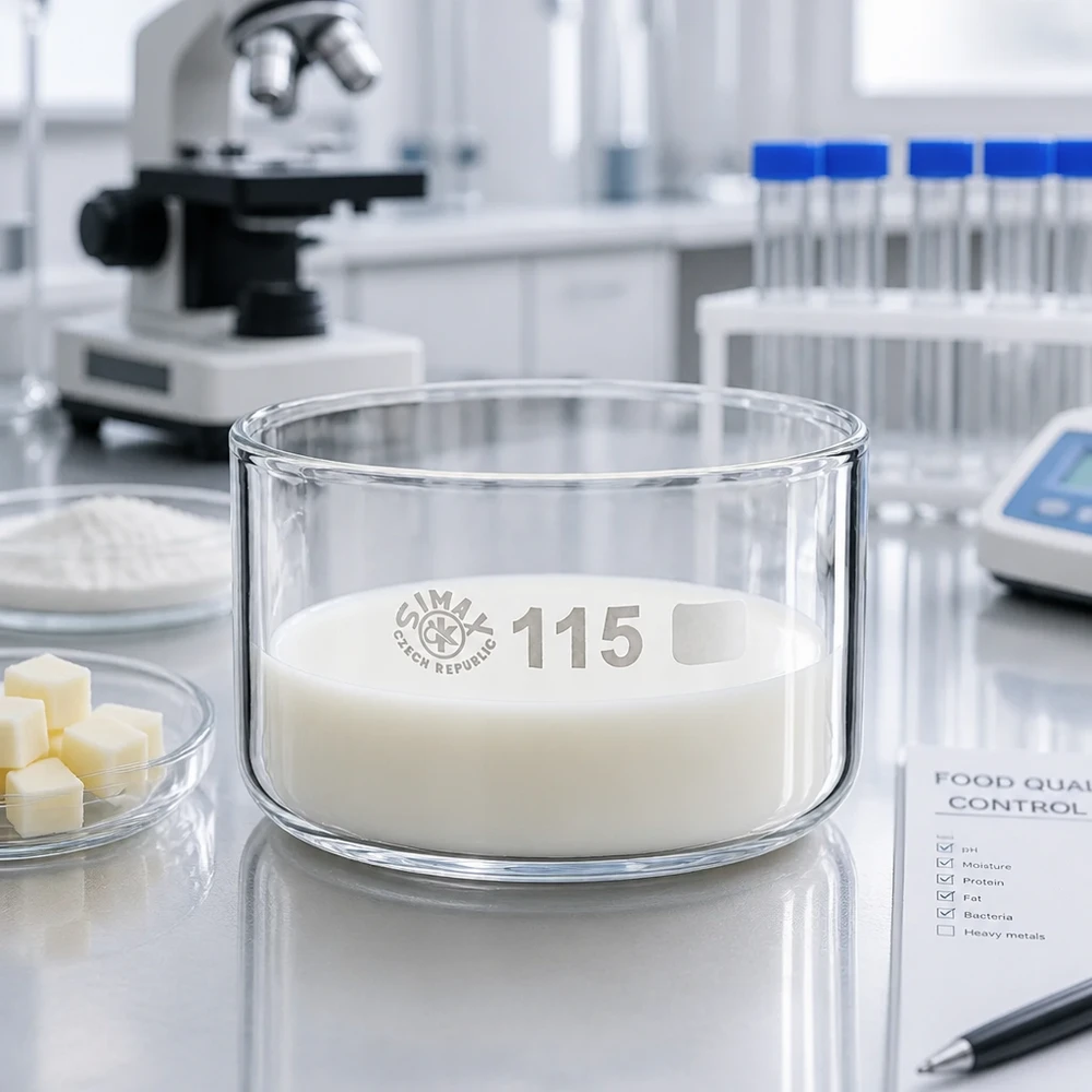 Recipiente de cristalización de 500 ml lleno de leche junto a un microscopio durante un control de calidad de alimentos