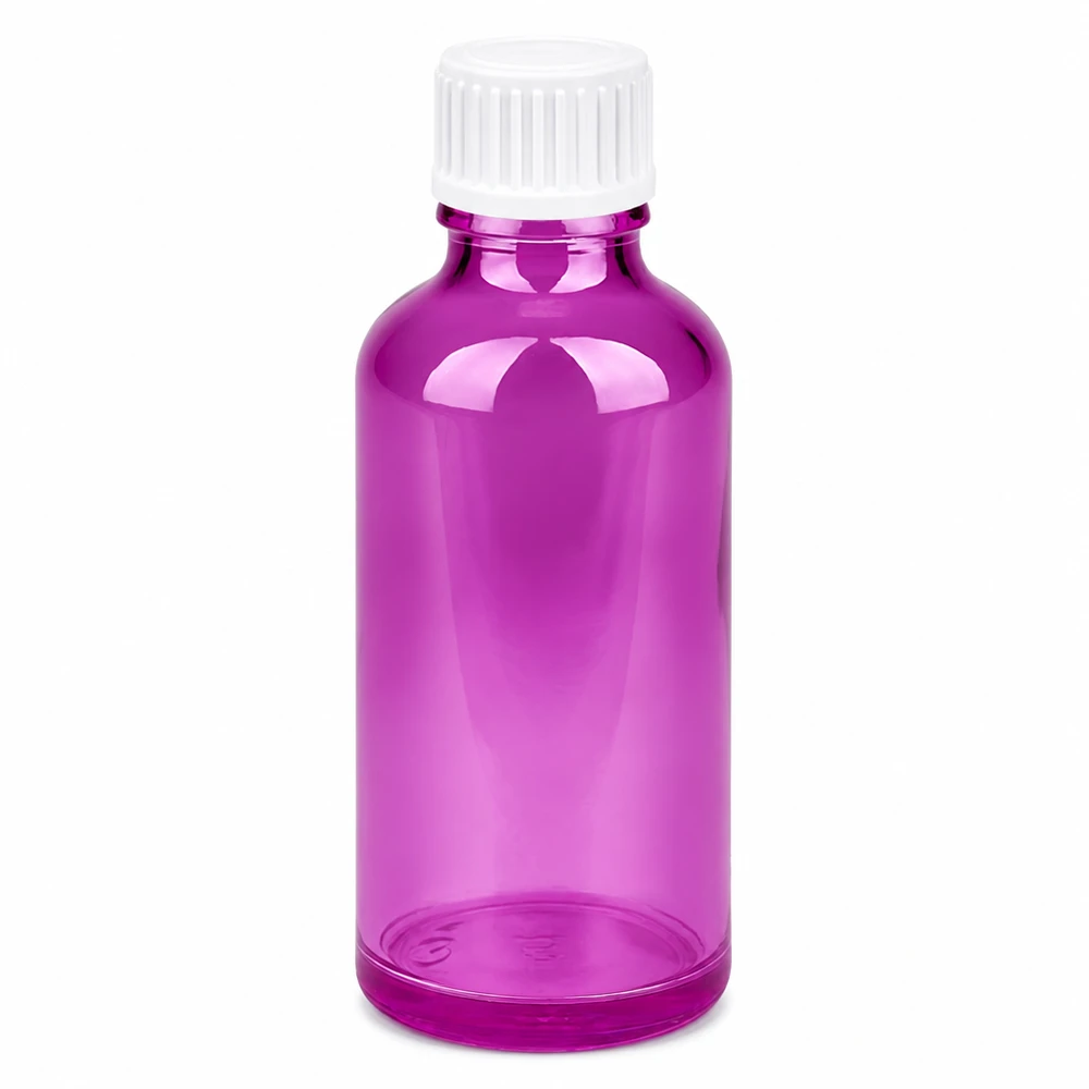 Frasco de 50 ml (glóbulo) Anillo vertedor de 3 mm blanco PurpleLine estándar. UT18/50 Frasco de vidrio de 50 ml con tapón de rosca de color morado brillante para cosméticos y productos farmacéuticos