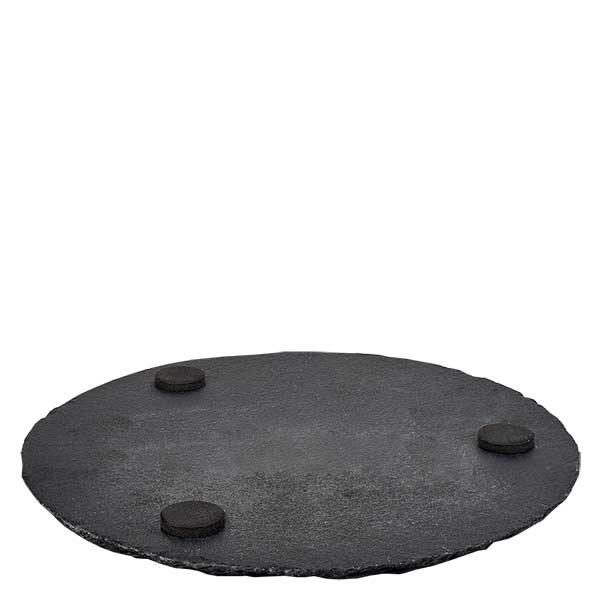 Bandeja de pizarra redonda Ø 150mm Plato de pizarra redondo de 15 cm con tres pies de goma negra para un soporte antideslizante sobre fondo blanco