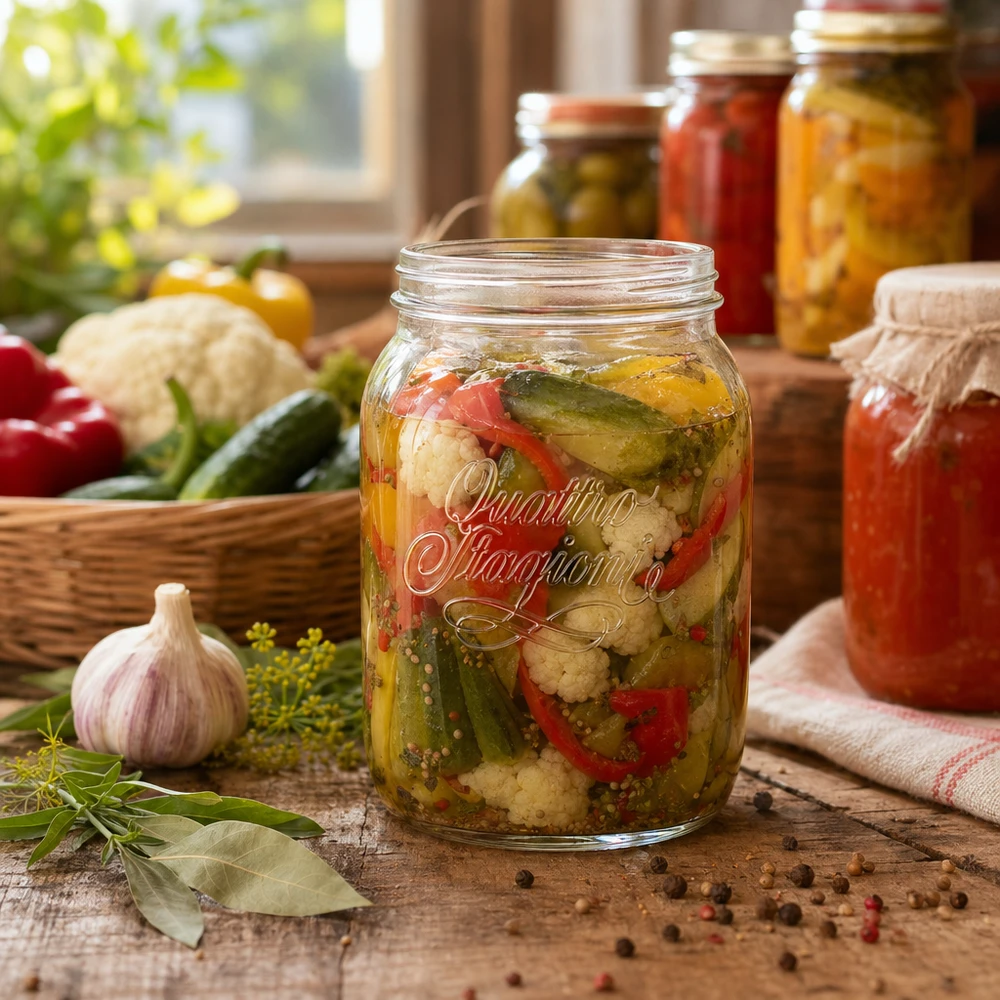 Tarro redondo 2000ml "Quattro Stagioni" QS110mm Tarro de conserva Quattro Stagioni de 2000 ml con verduras en escabeche sobre una mesa de madera junto a ingredientes frescos y otras conservas