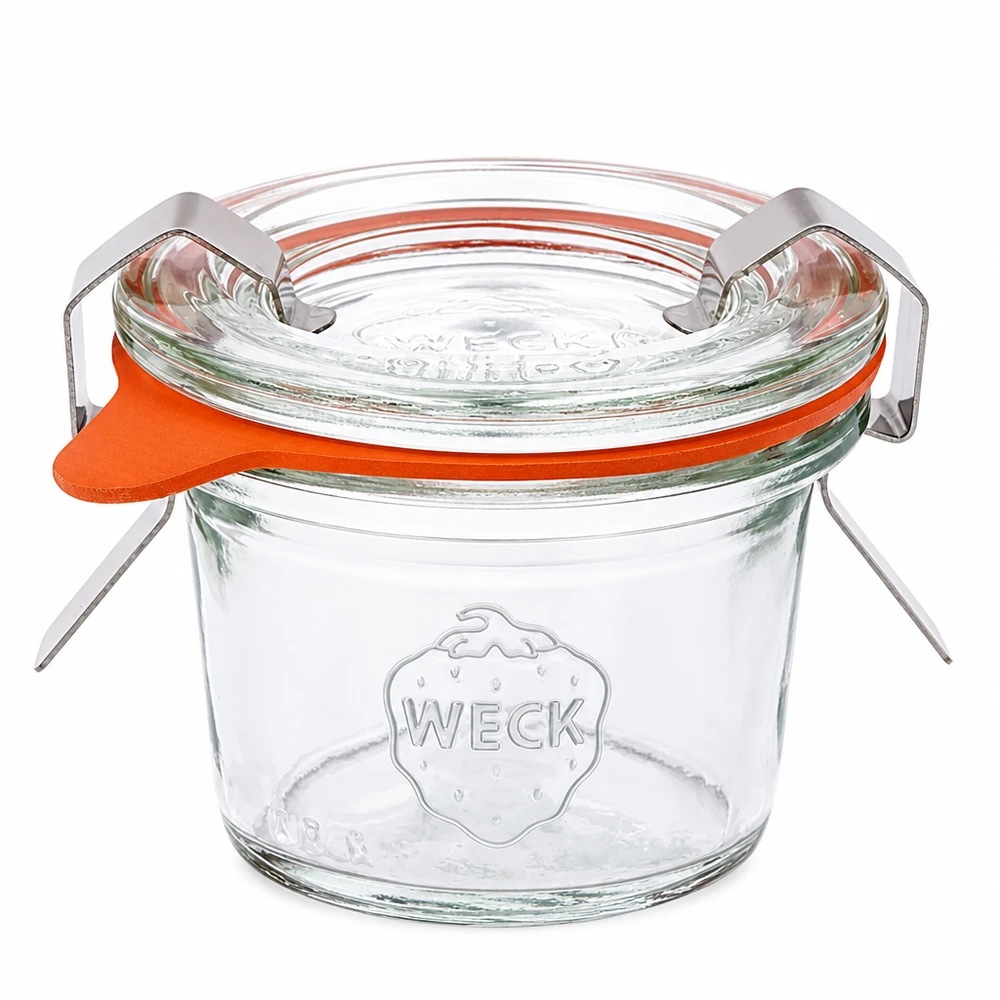 Vaso de 35ml completo WECK RR40 Tarro de cristal WECK 35ml RR40 con tapa de cristal, anillo de goma y pinzas para conservas y enlatado