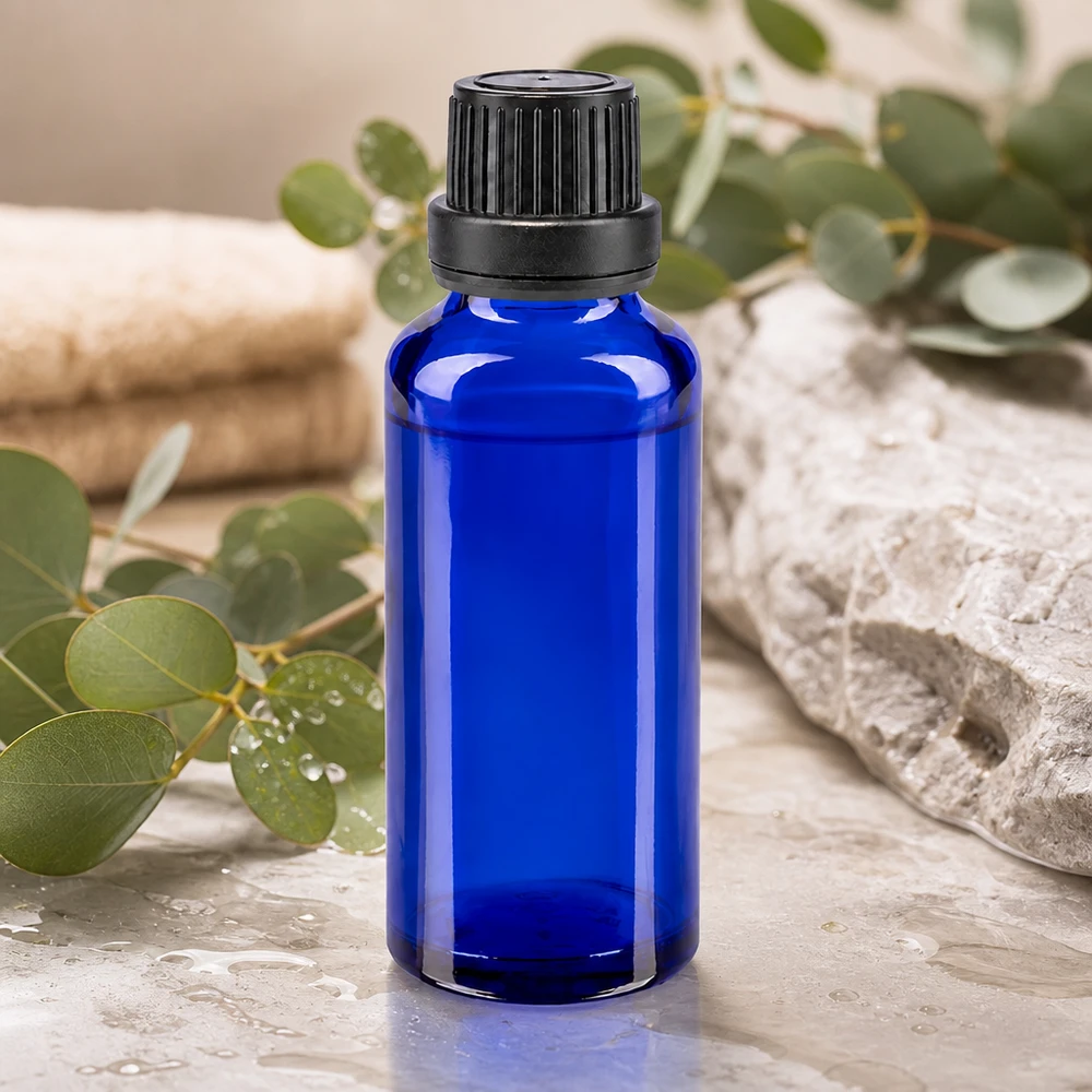 Frasco de farmacia azul cobalto de 30 ml con tapón OV negro sobre una piedra natural con ramitas de eucalipto