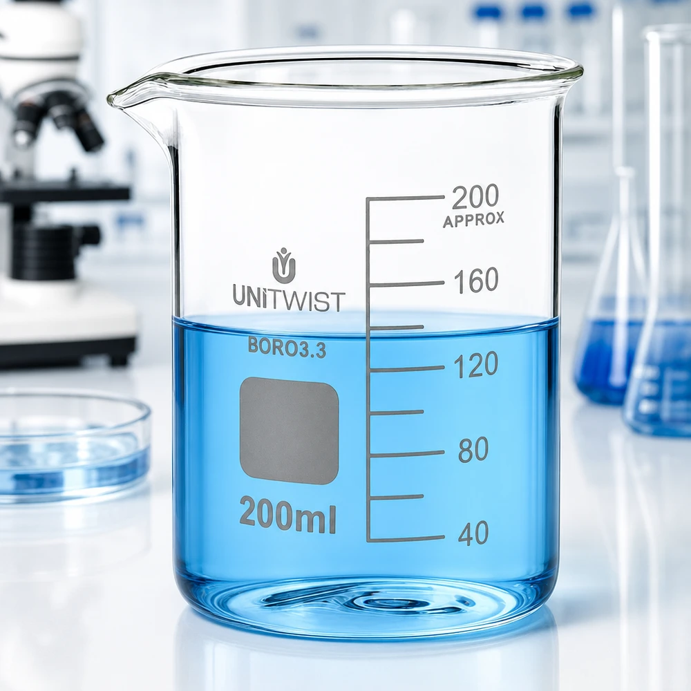 Vaso de precipitados UNiTWIST de 200 ml, de borosilicato, de perfil bajo, con líquido azul en el laboratorio