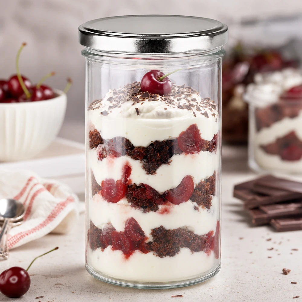 Vasos de 277ml con tapa BasicSeal plata UNiTWIST 277ml Sturzglas mit silbernem BasicSeal Deckel gefüllt mit Schichtdessert Kirsch-Schokolade perfekt für Desserts