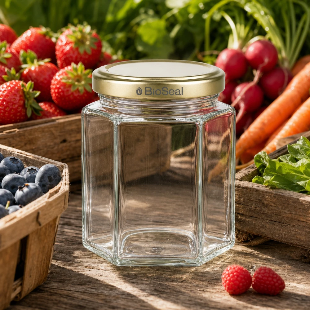 Tarro para miel de 250 g con tapa dorada BioSeal UNiTWIST 250g tarro de miel vacía hexagonal BioSeal tapa de oro entre las frutas y hortalizas frescas en madera rústica suministros apícolas