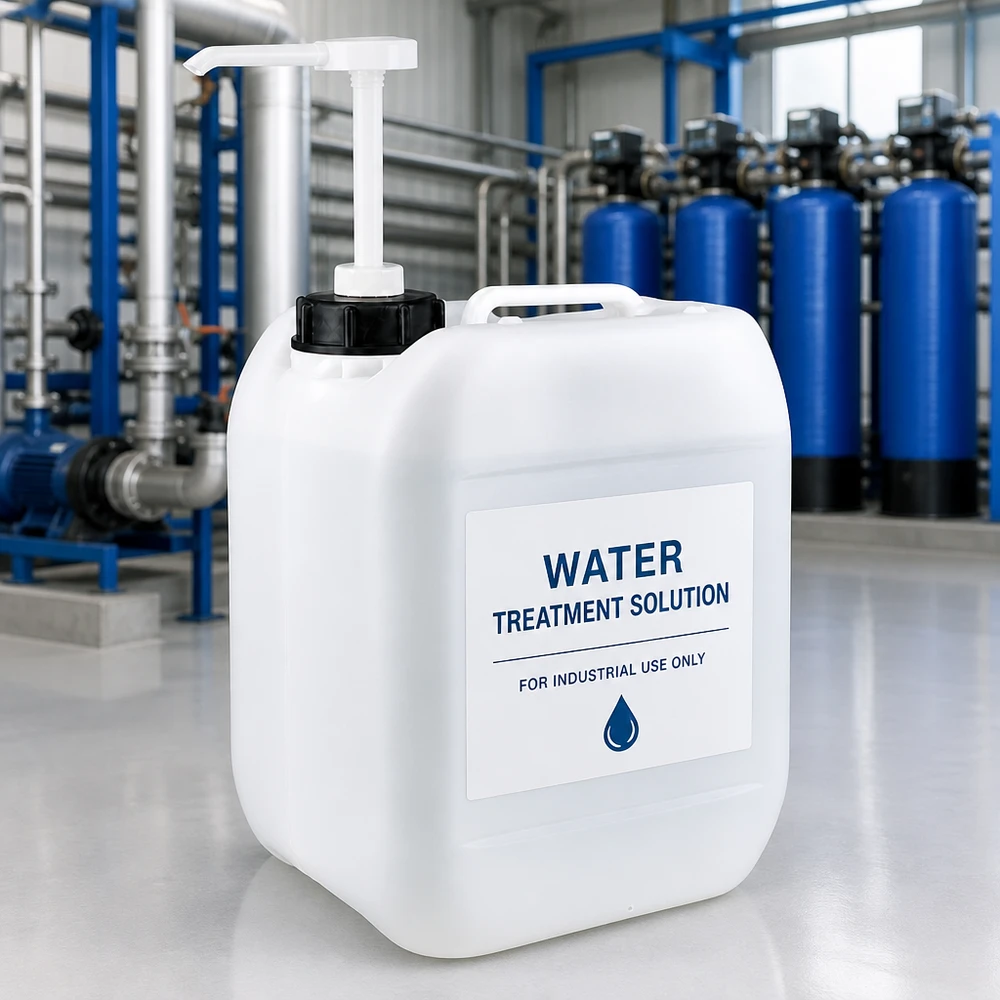 Bidón blanco de 5 litros para el tratamiento del agua, con bomba dosificadora, situado delante de una planta azul de tratamiento de aguas industriales