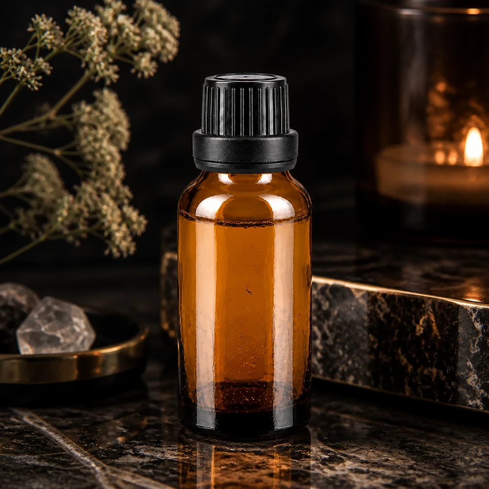 Pequeña botella de cristal marrón de 20 ml con tapón cuentagotas negro sobre una superficie de mármol oscuro