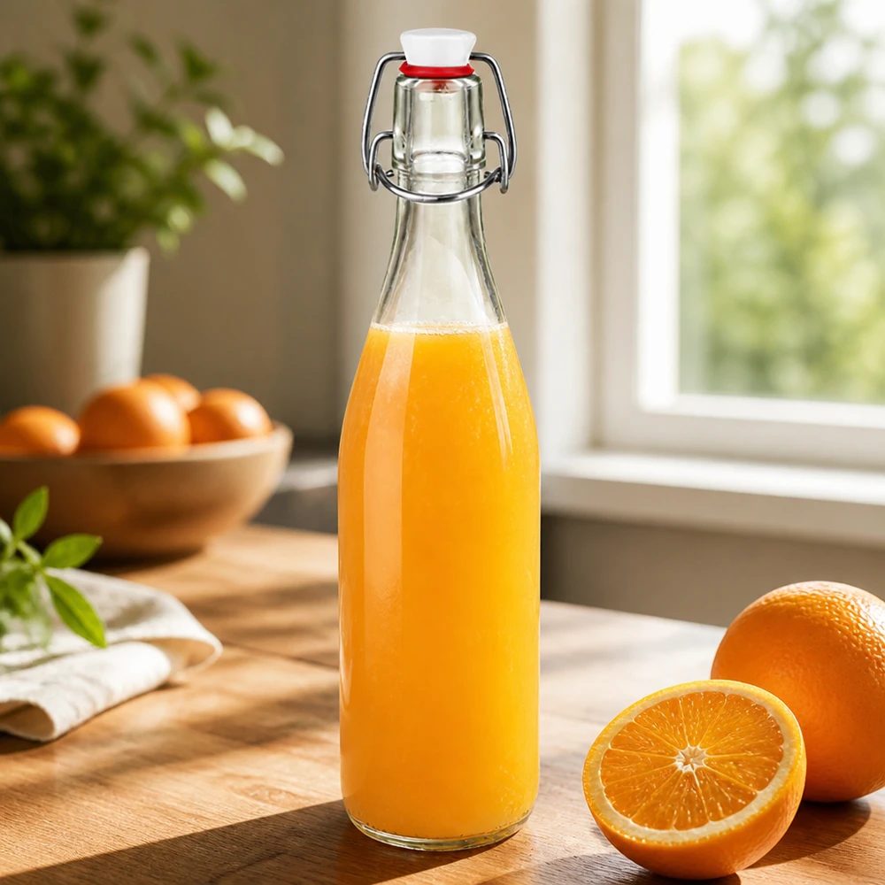 Botella de cristal de 500 ml con tapa abatible llena de zumo de naranja sobre tabla de madera junto a naranjas frescas en la cocina