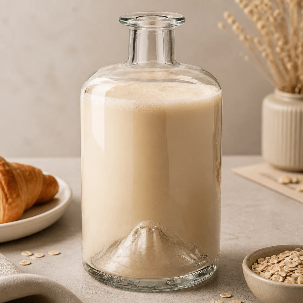500ml apothecary bottle Sofia filled with oat milk lifestyle product photography kitchen glass transparent empty