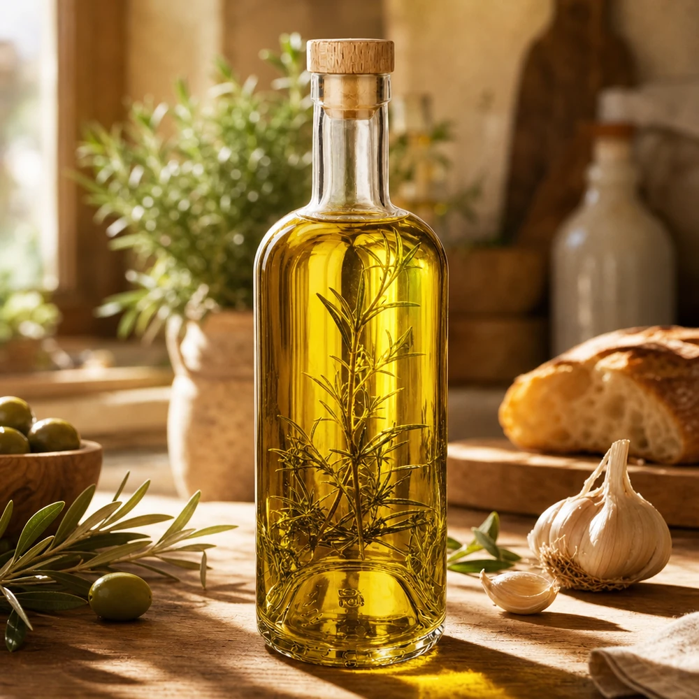Botella de vidrio de 750 ml «Emma» con tapón de corcho con asa de madera UNiTWIST® 750ml Glasflasche Emma mit Holzkorken gefüllt mit Kräuteröl Rosmarin in mediterraner Küche mit Oliven Knoblauch Brot