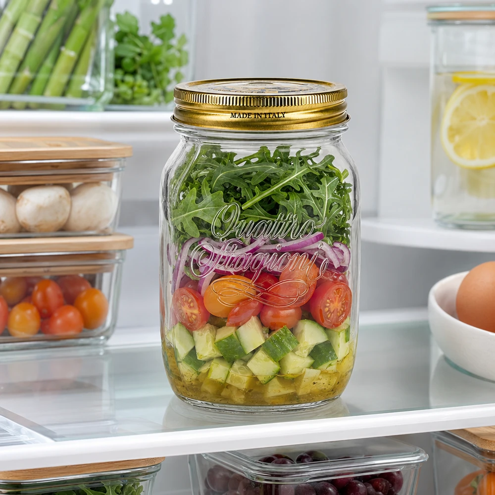Tarro redondo "Quattro Stagioni" de 1000ml con tapa Quattro Stagioni Tarro de conserva de 1000 ml con ensalada de verduras en capas Rúcula en la nevera Tarro de conserva italiano