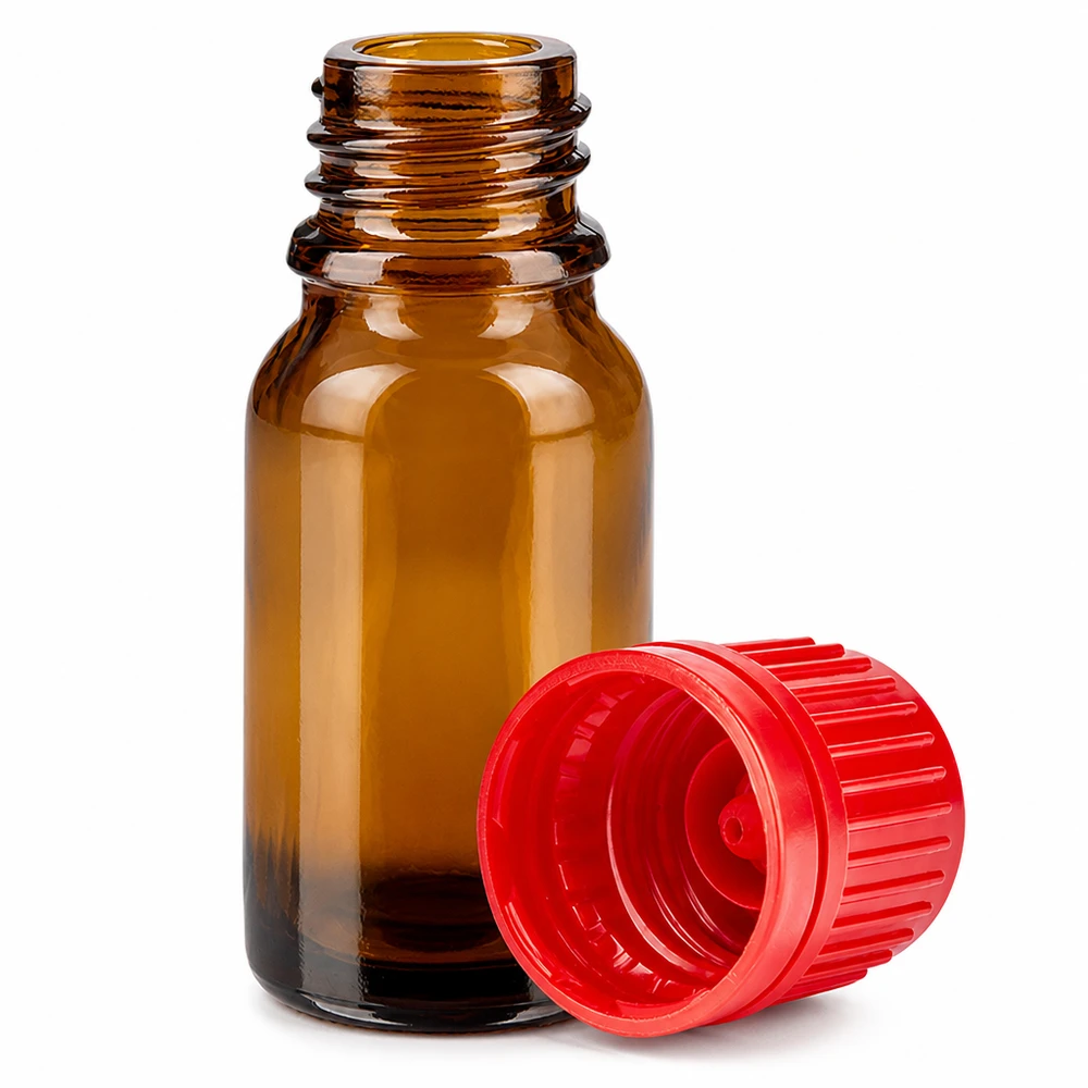 Botella 10ml tapón rosca 11mm rojo BrownLine UT18/10 Pequeño frasco de vidrio ámbar de 10 ml con rosca de 11 mm y tapón rojo para una dosificación precisa