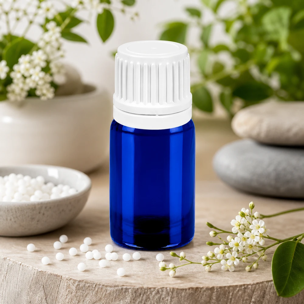 Frasco cuentagotas de 5 ml de alta calidad en azul con tapón de rosca blanco para homeopatía y naturopatía