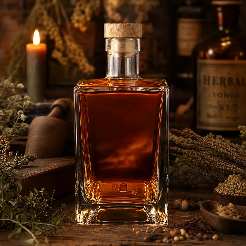 Botella de vidrio de 700 ml Ben llena de whisky rústico vela de hierbas ambiente marrón espíritu corcho de madera UNiTWIST